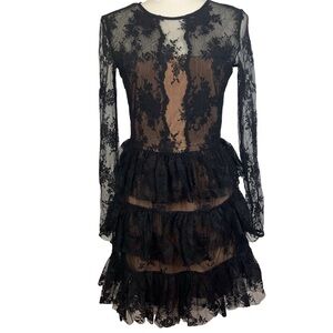 Bailey 44 Women's Back Zip Black Lace Layered Midi Dress Sheer Sleeve Size 6